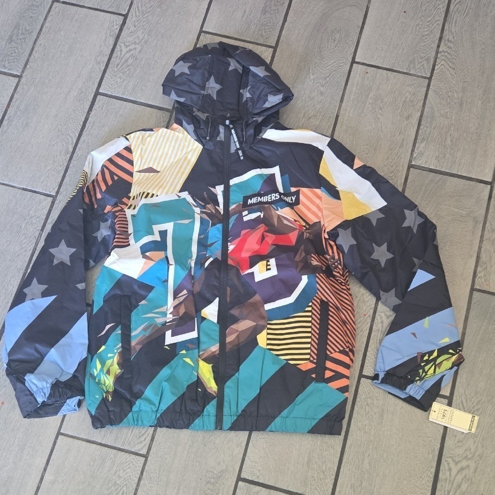 Members Only  Windbreaker Jacket Multi Color Graphic Hooded Zip MM070423-BLK L